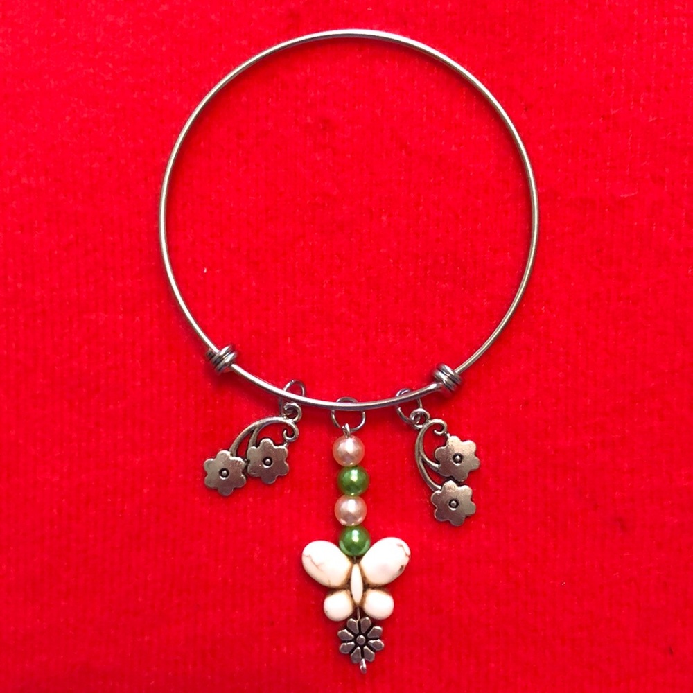 NWT, Handmade by A Charmed Life. Adjustable, Silver Bangle Bracelet.